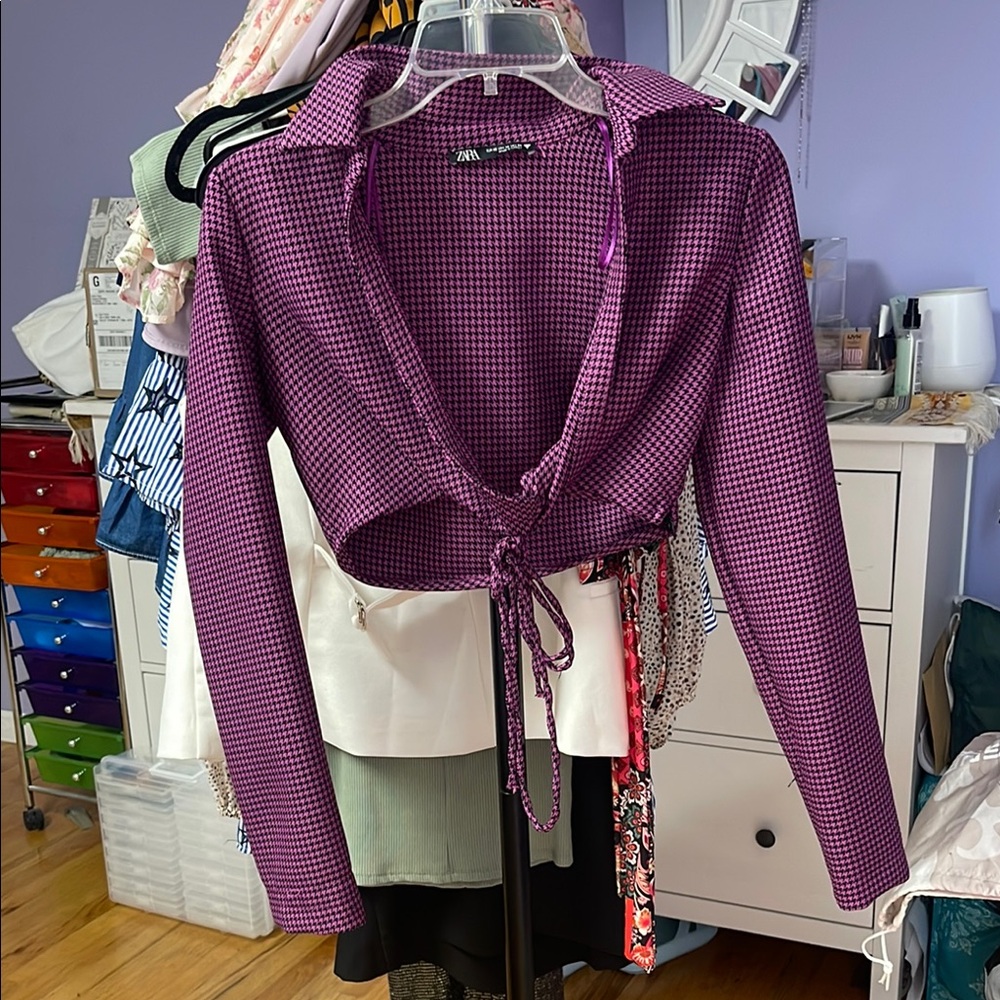 Zara Purple Gingham Tie-Front Crop Top